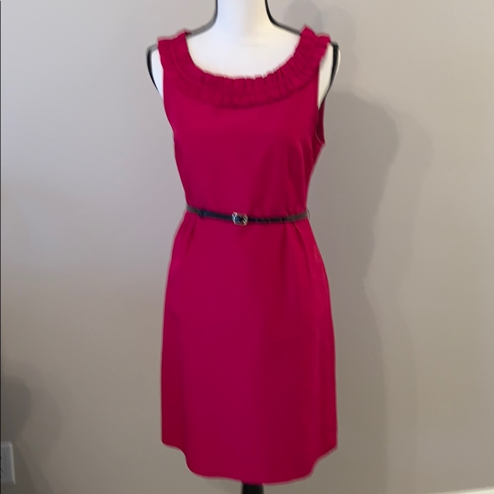Kate Spade Maddy Dress fuchsia Size 10 ruffle neck black belt gold trim